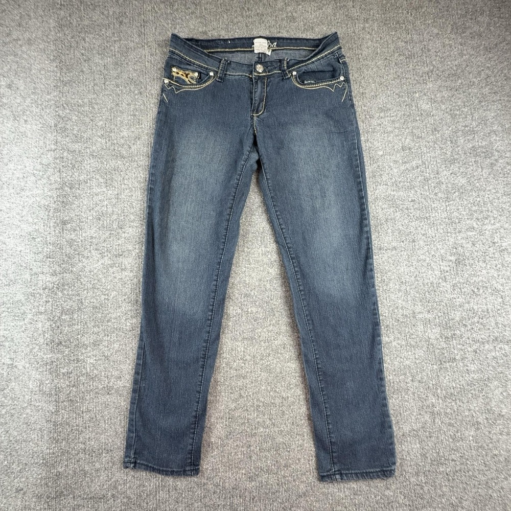 Kaba Jeans Juniors 11 Medium Wash Mid Rise Straight Leopard Rhinestone Denim